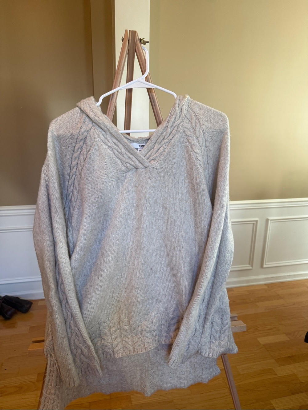Sonoma Cream Cable-Knit V-Neck Hoodie Sweater